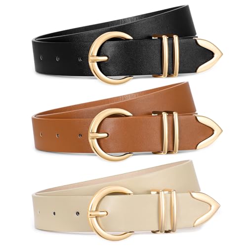 3 Pack Women's Belts for Jeans Dresses Fashion Ladies Skinny Leather Belt with Gold Buckle for Pants