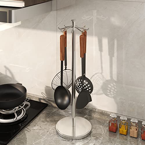 MAYZOLOP Kitchen Countertop Utensil Holder, Stainless Steel Rotatable Cooking Utensils Holder with 8 Rotating Hooks, Hanging Organizer for Spoon, Spatula, Soup Ladle, Spaghetti Server, Skimmer, Chrome - Thumbnail 6