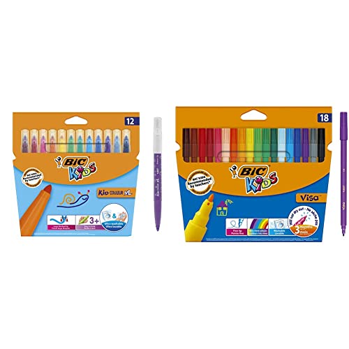 BIC Kids Kid Couleur XL Feutres de Coloriage enfant à Pointe Large - Etui Carton de 12 & Ecriture Visa Feutres de Coloriage à Pointe Fine - Encre A Base D'eau - Couleurs Assorties, Etui Carton de 18 Cover