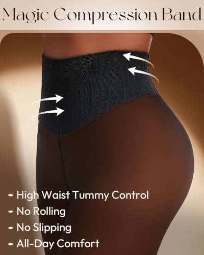 Image of Fleece Lined Tights Women One Line High Waist Warm Sheer Fleece Tights Thick Thermal Pantyhose Winter Black