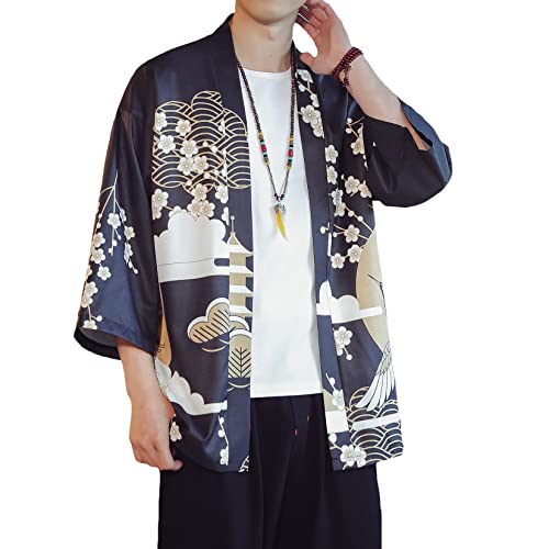 Image of PRIJOUHE Men's Lightweight Kimono Jacket Seven Sleeve Open Front Cardigan Coat Japanese Style Bathrobe