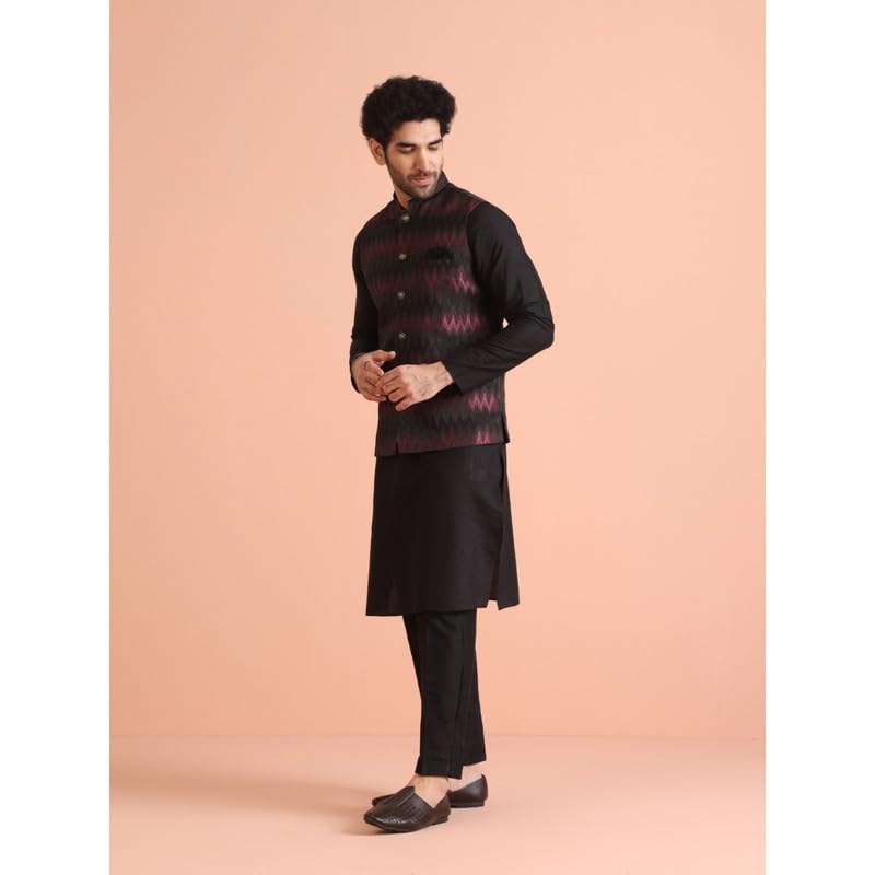 Kisah Mens Nehru Jacket|Silk Blend Waistcoat Jacquard Pattern Mens Ethnic Wear|Regular Fit Mandarin Collar Sleeveless, Black, 42
