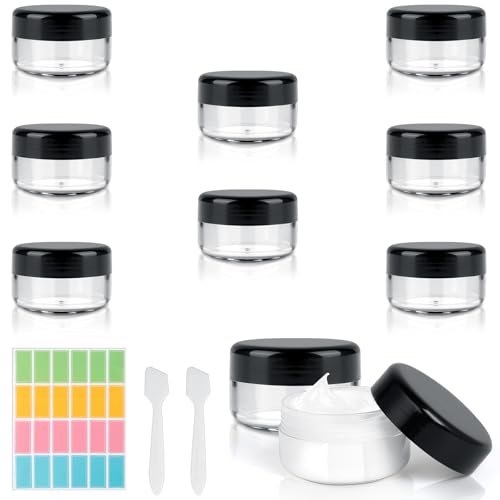 AiQInu 8 Piezas Botes Viaje 30ml, Contenedores de Plástico Trasparente, Tarros Cosméticos Recargables con 2 Pegatina y 24 Cuchara Pequeña, Botes Pequeños