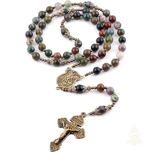 Catholic Town 8mm India Agate Natural Stone Beads, Large Rosary with Caps Saint Michael the Archangel Medal and Pardon Crucifix (CTROSSMA-IA)