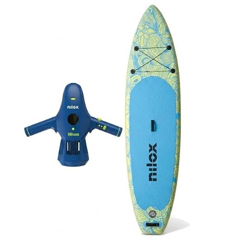 Nilox Set Tavola da Sup Gonfiabile con Scooter Acquatico Elettrico, Completo di Accessori con Zaino, Pagaia, Pompa, Leash, 1 Pinna, Velocità Fino a 5km/h, Tavola da 335x84x15cm