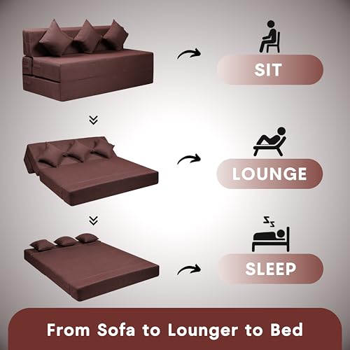 Image of Amazon Brand - Solimo 3 Seater 5 * 6 Jute Fabric Washable Cover Sofa Cum Bed with 3 Cushions 3 Seater Double Foam Fold Out Sofa Cum Bed (Finish Color - Brown Delivery Condition - Pre-Assembled)