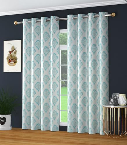 Image of Yarnis Polyester Damas Printed Room Darkening Curtains 7 Feet Long Set of 2 for Door & Windows Living Room, Aqua Blue, Parda