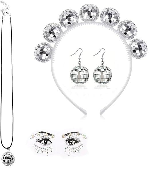 PMELCXD Pendientes de Bola,Diadema de Discoteca con Accesorios de Espejos, 1 Diadema, 1 Par de Pendientes, 1 Collar y 1 Pegatina Brillante para Mujer Fiesta de Disfraces Disfraz Años 70 80 Niña