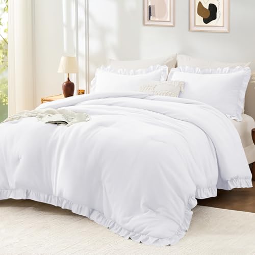 FUANNA Queen Comforter Set White 3 Pieces, Ruffle...