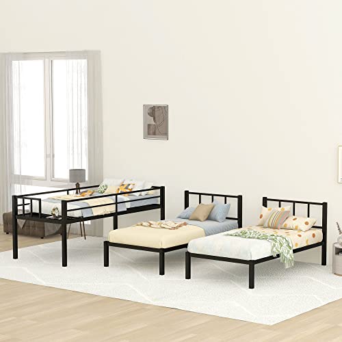 Flieks Metal Triple Bunk Bed For 3, Twin Over Twin & Twin Size Bunk Bed With Ladder & Safety Guardrail, Divided Into 3 Separate Beds, Heavy-Duty Steel Frame Bunk Bed For Kids Teens Adults (Black) #TOP2