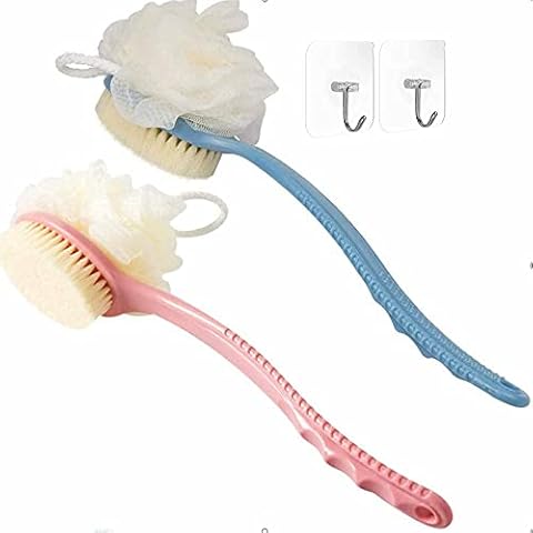 2 Pack Shower Body Brushes with Bristles and Loofah, Back Scrubbers Bath Mesh Sponge with Curved Long Handle for Exfoliating Skin, Massage Bristles Suitable for Wet or Dry, Men and Women (Blue & Pink) Cover