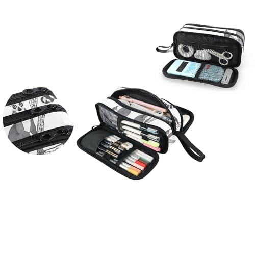 Image of Fustylead Black and White Cute Lemur on Branch Pencil Pen Case with 3 Compartments, Lightweight & Spacious Stationery Bag Cosmetics Bag