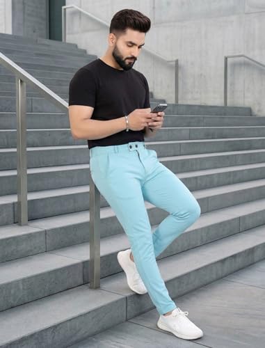 Image of MiraMichi Slim Fit Men's Formal Mid Rise Trousers - Solid Lycra Blend, Ideal for Formal Occasions, Stylish