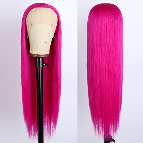 Hot Pink Lace Front Wig 13 ×2.5 Long Straight Synthetic Glueless Heat Resistant Fiber Hair Synthetic Lace Front Wigs For Fashion Women Cosplay Daily Wear(Hot Pink, 24 Inch) #TOP1