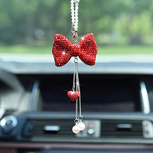 HYL World Bling Accessories Car Rear View Mirror Pendant Bow Hanging Pendant with Crystal Red Love and Pearl Decor,Red