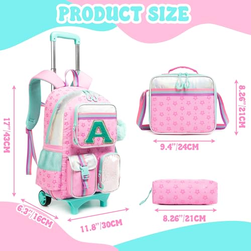 Image of Meetbelify Pink Backpack with Wheels for Girls Rolling Letter Backpack Cute Carry on Backpack Kids Luggage with Lunch Box Pencil Case for Elementary Student