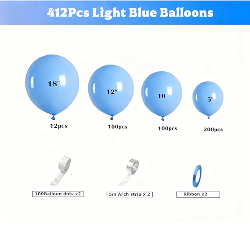Image of 412pcs Light Blue Balloons Different Sizes 18 12 10 5 Inch, baby blue balloon Arch Kit for Birthday Gender Reveal Baby Shower Party Decoration