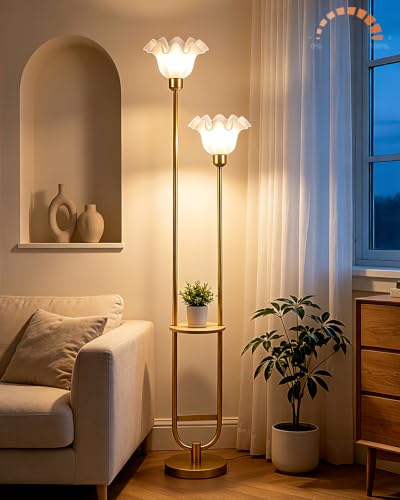 Image of Flower Floor Lamps with Table, 2-Lights Dimmable Floral Floor Lamp, 3000K Warmwhite Modern Floor Lamp, Vintage Gold Standing Lamp with 5Lbs Heavy Base for Living Room Bedroom Girls Room