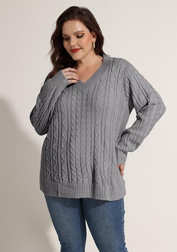 CARCOS Plus Size Sweaters for Curvy Women Long Sleeve Cable V Neck Sweater Knit Pullover Preppy Style Fall Winter XL-5XL2