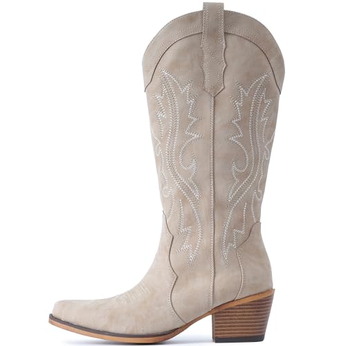 Image of IUV Cowboy Boots For Women Western Cowgirl Boots Mid Calf Snip Toe | Chunky Heel Ideal for low insteps