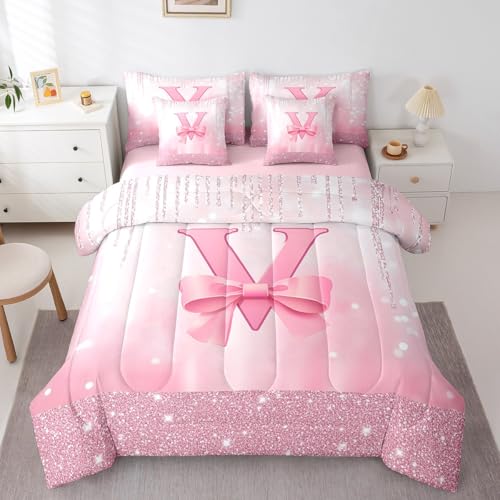 Image of Feelyou Boys Girls Pink Bowknot 7 Pieces Bedding Set King Size, Personalized Initial V Bed in A Bag Kids Princess Glitter Comforter Set with Sheets Bow Monogrammed Teens Bed Set Bedroom Decor 7Pcs