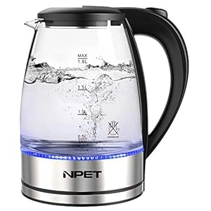 NPET EK20 1000W Electric Kettle Glass Tea Kettle With BPA-Free, 1.8L Cordless Portable Water Glass Boiler With LED Light, Auto-Shutoff And Boil-Dry Protection Teapot, Stainless Steel Kettle