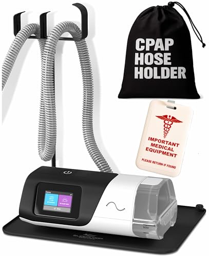 Image of CPAP Hose Holder & Bedside Organizer with T-Style Hook, Luggage ID Tag & Dust Cover - Nightstand CPAP Mask Hanger Stand for Tubing, Mat & Supplies - T-Hook + Luggage Tag