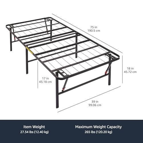 Amazon Basics Foldable Metal Platform Bed Frame with Tool Free Setup, 18 Inches High, Sturdy Steel Frame, No Box Spring Needed, Twin, Black
