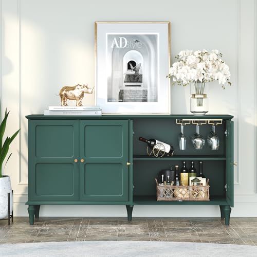 MROJISC Kommode, Weinschrank mit Weinglasregalen, Sideboard Buffet Schrank mit 4 Türen, Mid-Century Holz Akzent Schrank Moderne Kommoden & Sideboards für Wohnzimmer, Esszimmer, Küche