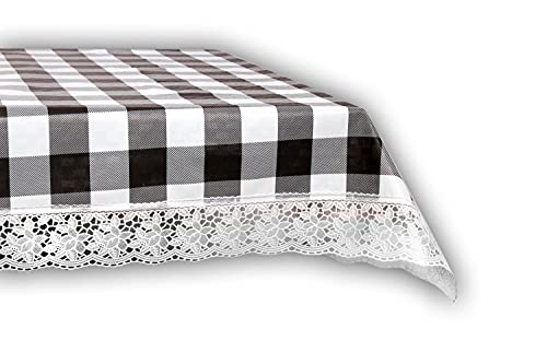 Image of The Furnishing Tree Waterproof PVC Rectangle Shaped 2 Seater Table Cover WxL 45x70 inches Gingham Pattern Black & White with White Border lace