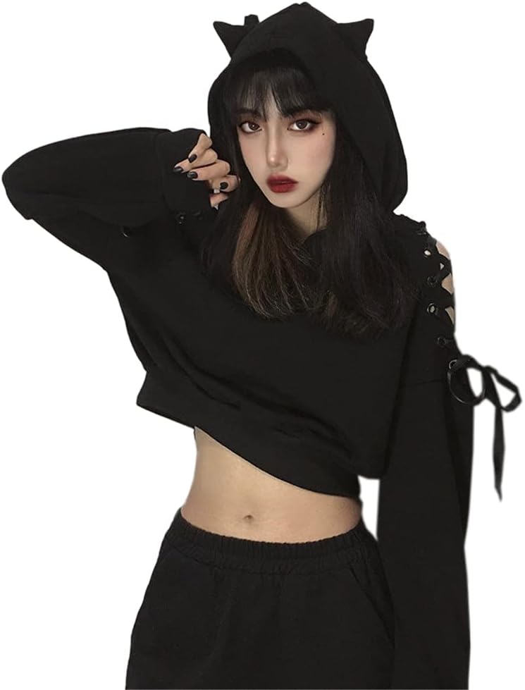 Women Cat Ear Hoodies Long Sleeve Off Shoulder Cute Crop Top Pullover Hoodie Sweatshirt - Image 5