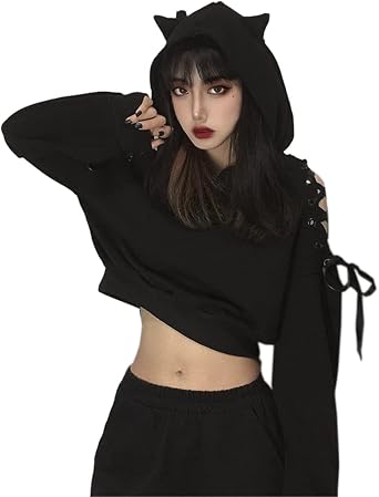 Women Cat Ear Hoodies Long Sleeve Off Shoulder Cute Crop Top Pullover Hoodie Sweatshirt