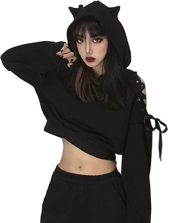 Women Cat Ear Hoodies Long Sleeve Off Shoulder Cute Crop Top Pullover Hoodie Sweatshirt