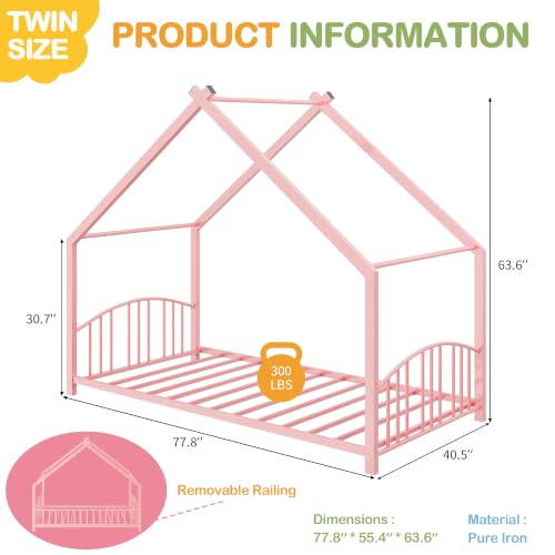 Image of Garvee Twin Size House Shape Bed Frame with Rail, Pink