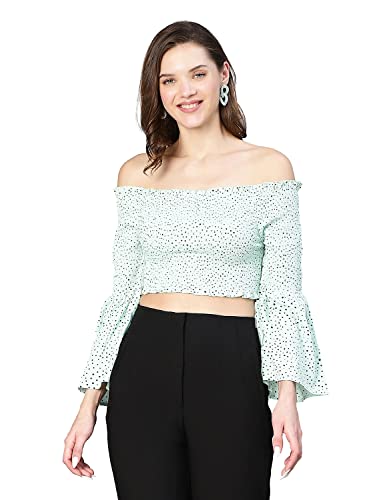 Image of oxolloxo Women Polyster Dot Print Smocked Off - Shoulder Top