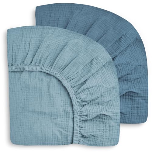 Image of SWEET DOLPHIN 2-Pack Muslin Crib Sheets for Boys & Girls, Ultra Soft Breathable 40S Long-Staple Cotton Fitted Baby Sheets for Standard Crib Mattress 52"x28", Light Navy- Nursery Essentials