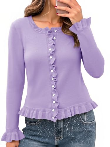 Image of Saodimallsu Womens Ruffle Cardigan Sweaters Button Up Crew Neck Long Sleeve Cropped Sweater Cute Soft Knit Tops