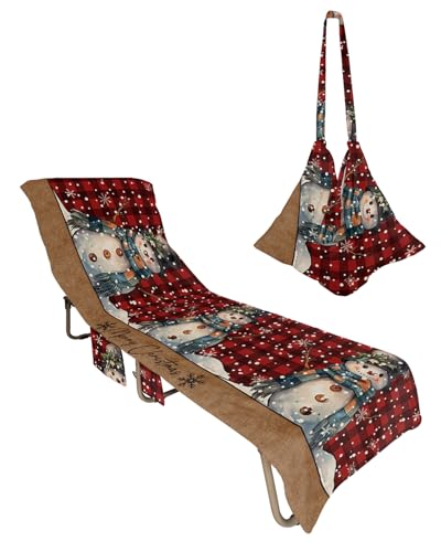 Christmas Beach Chair Towel Covers for Chaise Lounge with Side Pocket, Soft Plush Pool Towels Cover for Patio Sunbathing Outdoor 29''x85'' Country Rustic Snowman Snowflake Red Buffalo Plaid