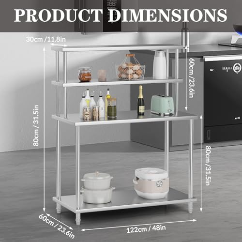 Stainless Steel Work Table with Overshelves, 48 x 24 Inch Heavy Duty Kitchen Prep Table with Adjustable Shelf for Commercial Restaurant, Warehouse, Garage