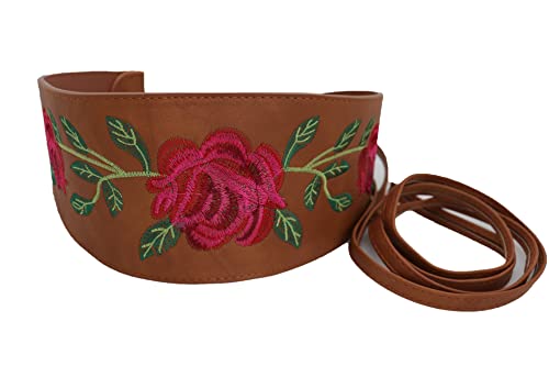 Women Black Tie Fashion Belt - Wrap Around Faux Leather Wide Waistband Flower Kimono S M