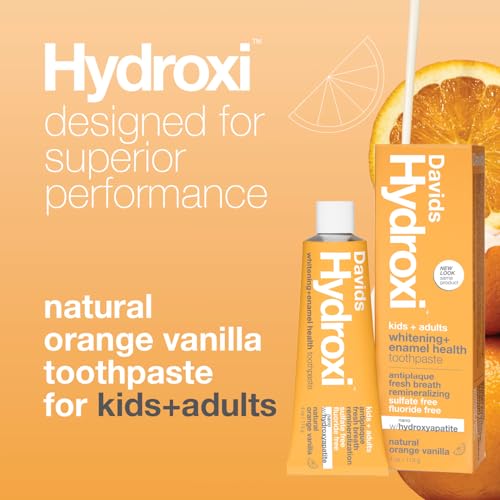 Image of Davids Hydroxi Fluoride Free Nano Hydroxyapatite Toothpaste for Enamel Health & Whitening, Antiplaque, SLS Free, Kid Friendly Orange Vanilla Flavor, 4 oz, Made in USA