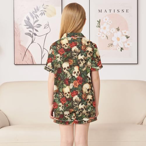ALAZA Funny Sugar Skull Blososm Rose Satin Pajamas Set Short Sleeve Button Down Sleepwear Summer Pjs 2 Piece4