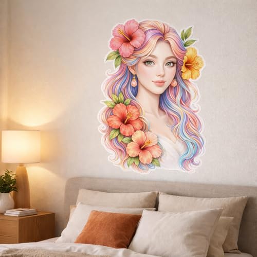 Image of Rangoli Girl Face Floral Wall Sticker 16 x 24 Inch Colorful Hair & Flower Design Self Adhesive Wall Decor for Living Room Bedroom Salon Beauty Parlour Wall Art