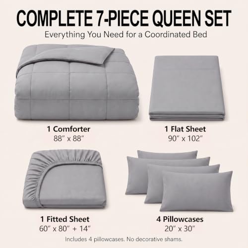 COLOR DARK GREY AND REVERSE BLACK ❗❗CozyLux Queen Comforter Set Grey - 7 Pieces Bed in a Bag | OEKO-TEX Certified, All-Season, Bedroom, Guest Room, Down-Alternative Comforter   Flat & Fitted Sheets   4 Pillowcases