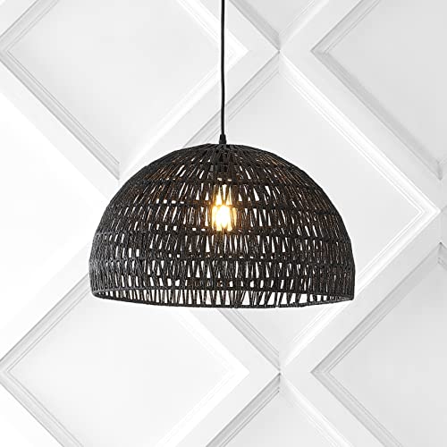 Image of JONATHAN Y 20 inch Black Modern Bohemian Woven Rope LED Pendant Light Fixture, Adjustable Dome Ceiling Lamp for Kitchen Island, Rope Shade, Coastal Farmhouse Decor (JYL6504C)