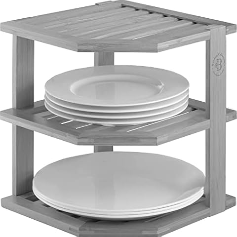Bamboo Corner Shelf - Kitchen Countertop Organizer, Kitchen Counter Shelf - Corner Cabinet Organizer - Dish Organizer, Plate Organizer for Cabinet - Organizes and Saves Space (Grey) Cover