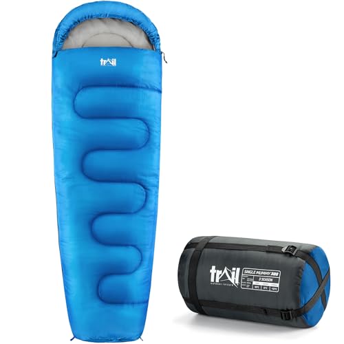 Trail Mummy Sleeping Bag For Adults, Single 3 Season Spring Autumn Winter, 300gsm, Outdoor Camping, Internal Pockets, Lightweight Compression Bag