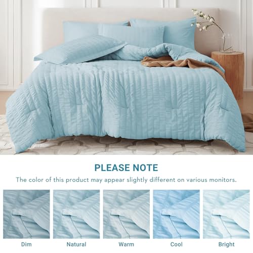 Image of MUXHOMO 7 Pieces King Comforter Set, Seersucker Bed in a Bag King Size, All Season Luxury Bedding Set with Comforter, Flat Sheet, Fitted Sheet, Pillowcases & Shams, Lake Blue