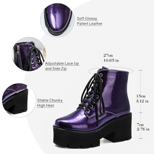 Image of Parisuit Womens Goth Patent Ankle Boots Platform Chunky Combat Boots | Lace Up, Gothic Boots, High Heel, Punk Short Booties, Buckle Boots, Chain Boots
