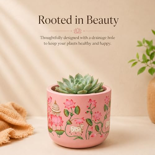 Image of Habere India-All the Cultures Fabricating India Pichwai Art Hand Painted Terracotta Planter | Pink Lotus Floral Indoor Plant Pot | Breathable Clay Pot with Drainage Hole (Pink: L12 x W12 x H10 cm)